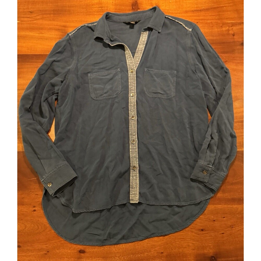 Rock & Republic Womens M Blue Button Front Shirt Roll Tab Long Sleeve Hi-Low